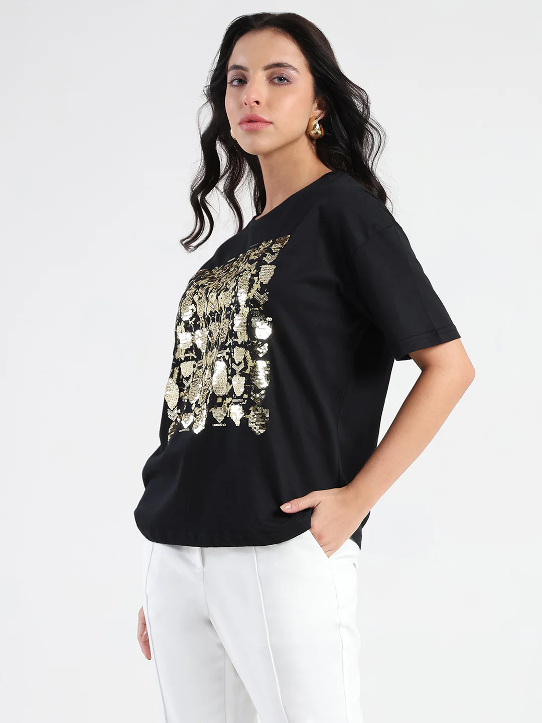 Madame Front Embellished Solid Black Cotton T-shirt - Image 5