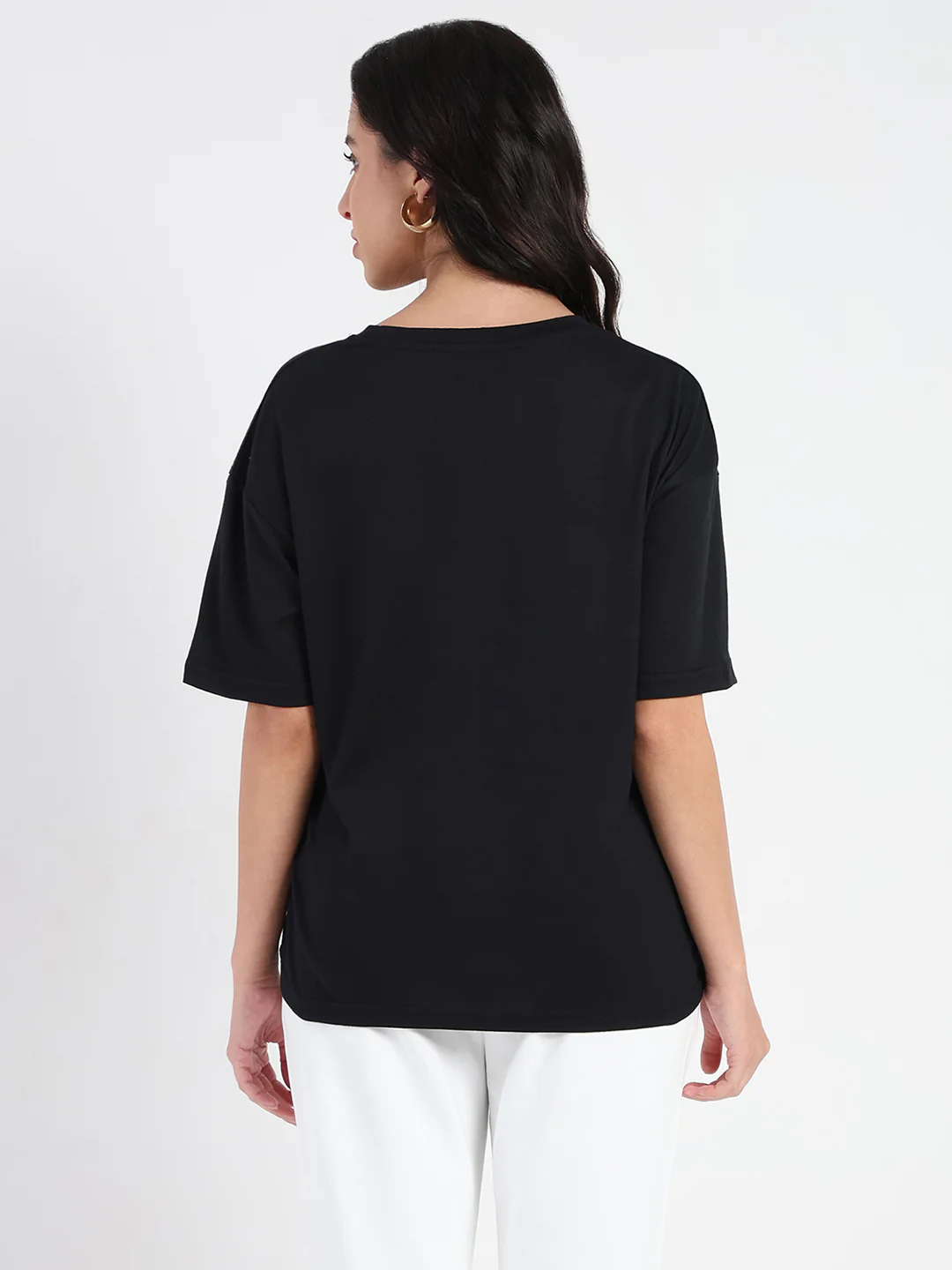 Madame Front Embellished Solid Black Cotton T-shirt - Image 6