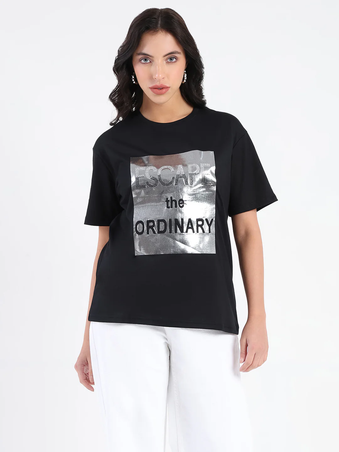 Madame Swarovski Detailed Graphic Print Black Cotton T-shirt - Image 3