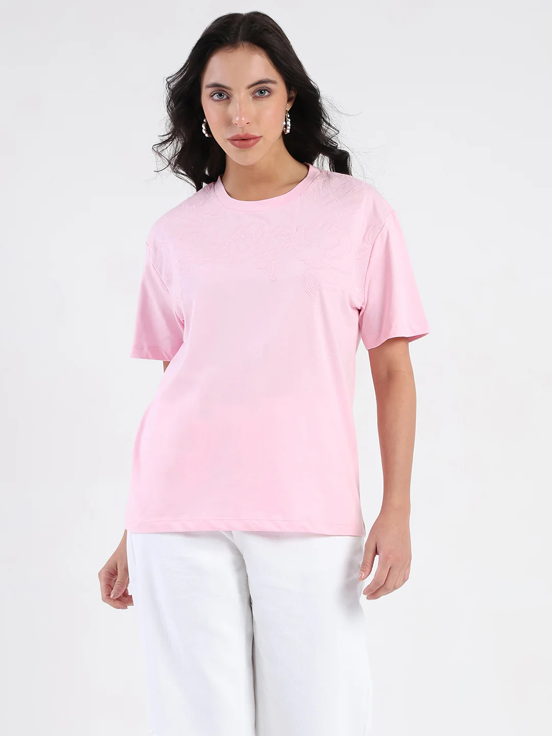 Madame Embroidered Half Sleeve Pink Cotton T-shirt - Image 3