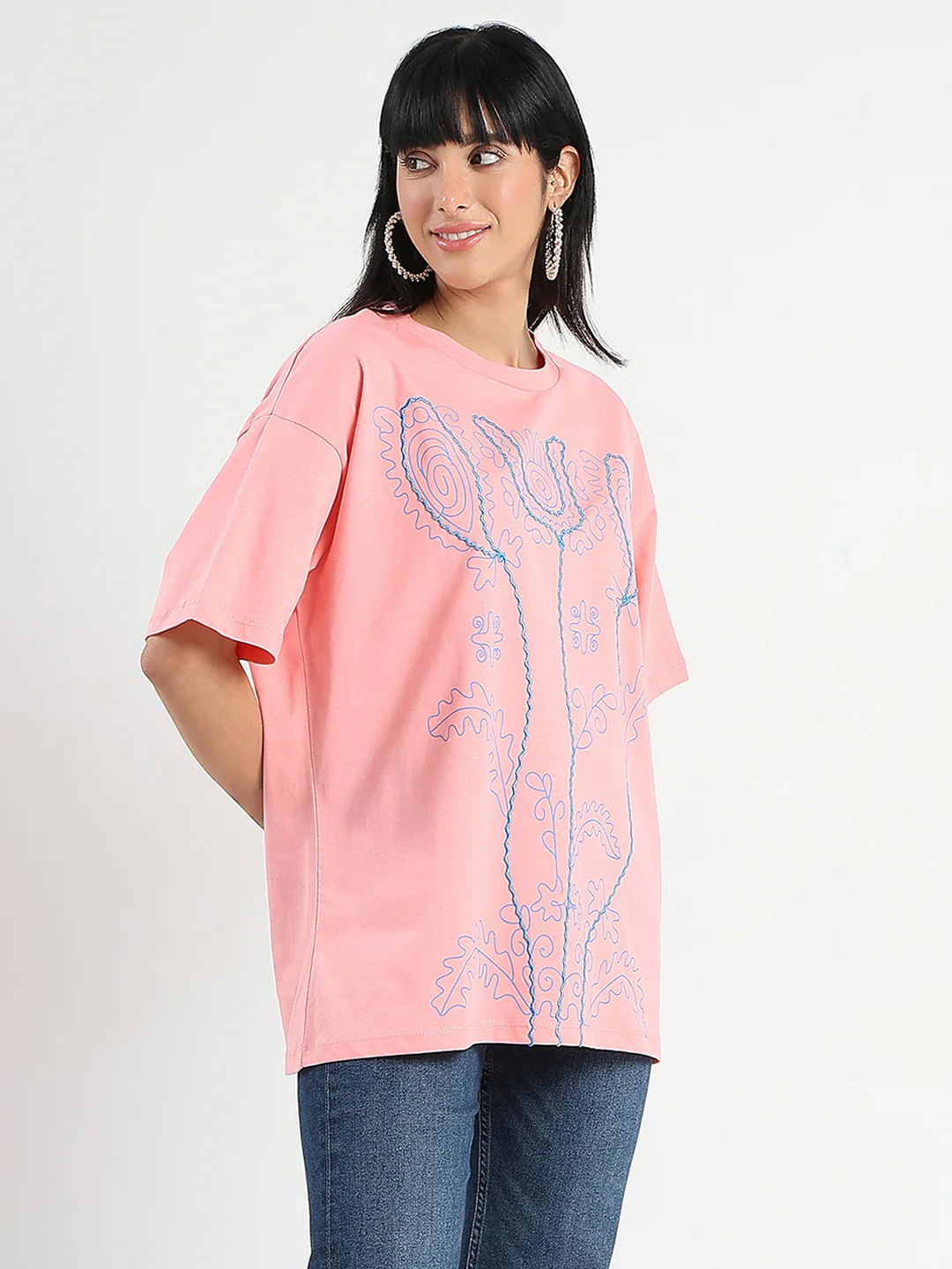 Madame Floral Print Oversize Fit  Peach Cotton T-shirt - Image 4