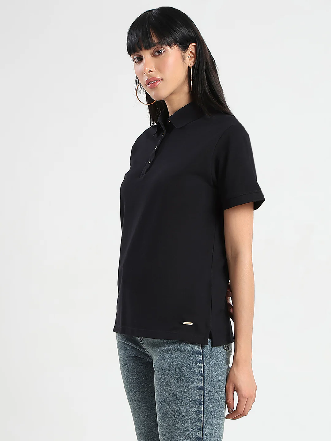 Madame Collared Solid Black Cotton Blend Polo T-Shirt - Image 5