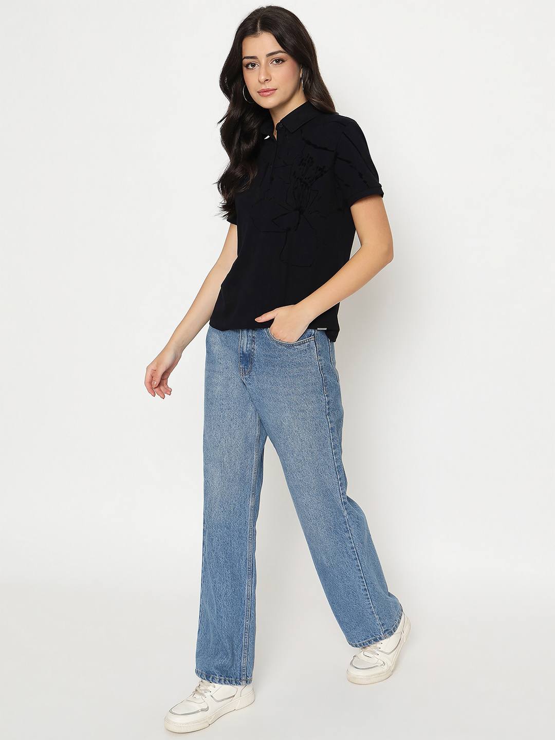 Madame Solid Black Cotton Blend T-Shirt - Image 2