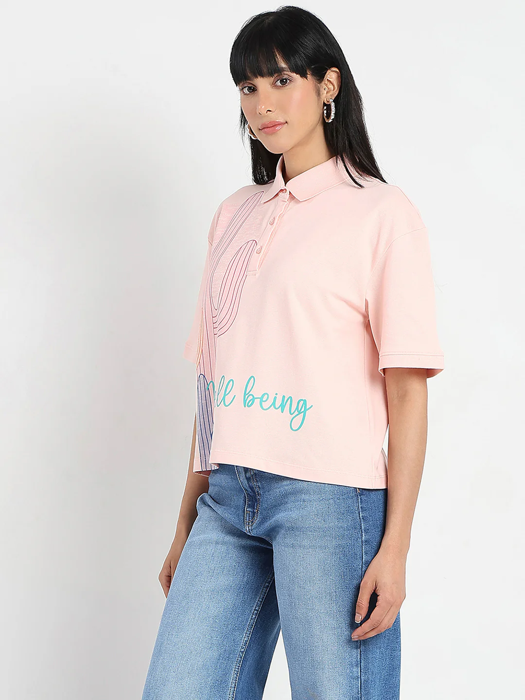 Madame Graphic Print Cotton Blend Peach Polo T-shirt - Image 5