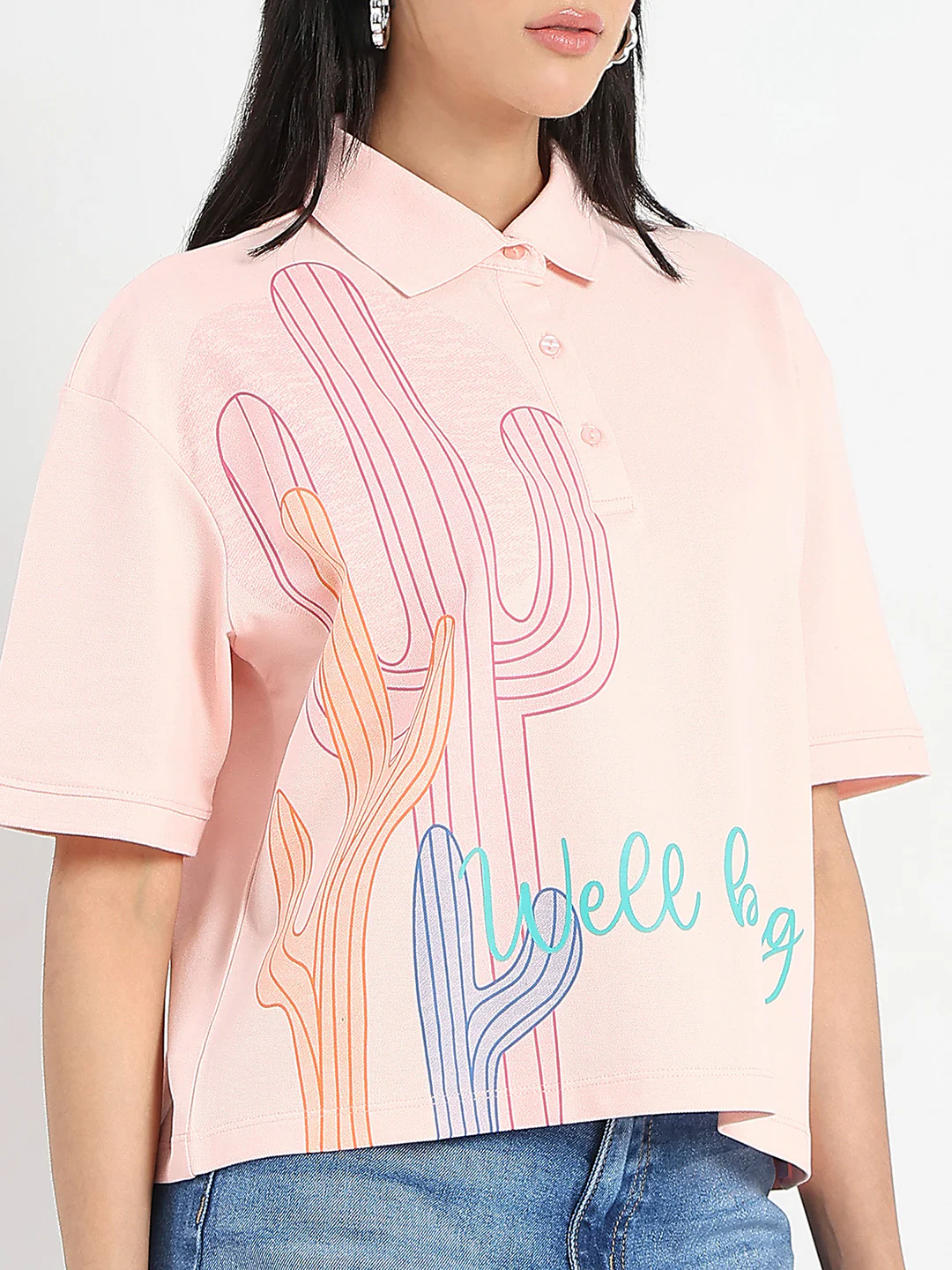 Madame Graphic Print Cotton Blend Peach Polo T-shirt - Image 7