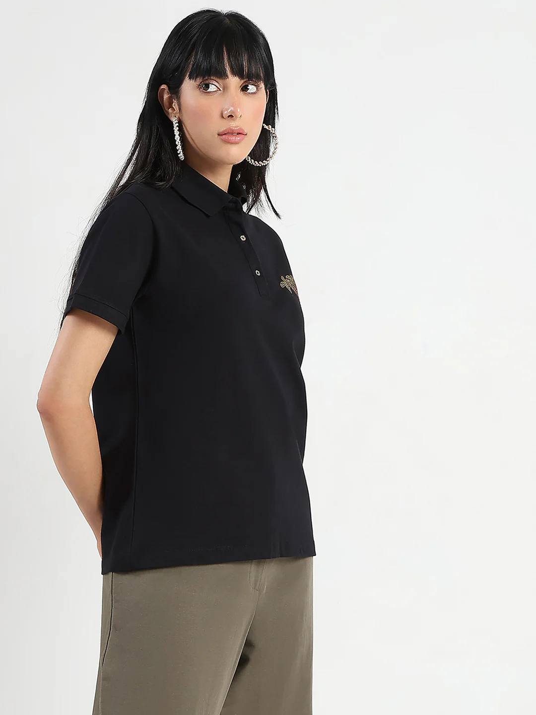 Madame Embellished Cotton Blend Black Polo T-shirt - Image 4