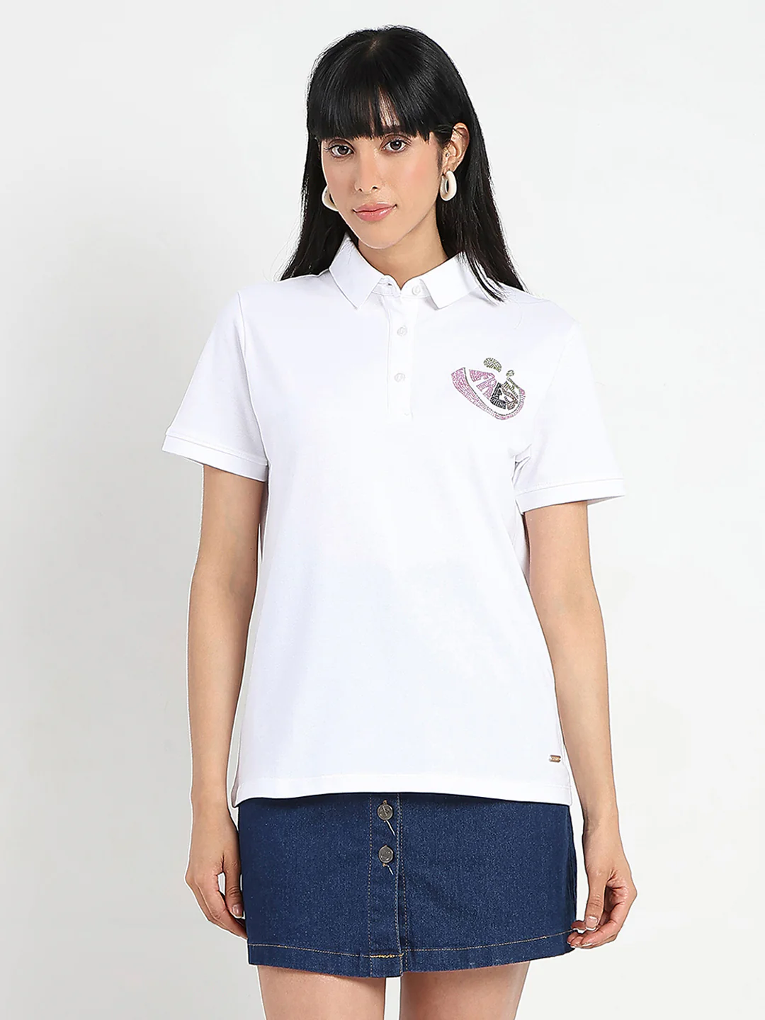 Madame Graphic Print Adorned Cotton Blend White Polo T-shirt - Image 3
