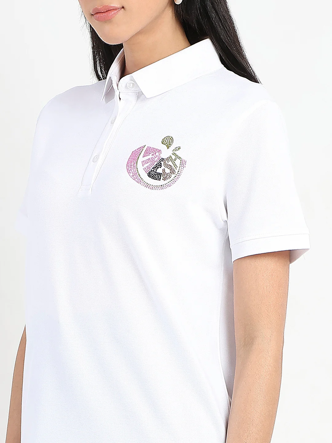Madame Graphic Print Adorned Cotton Blend White Polo T-shirt - Image 7