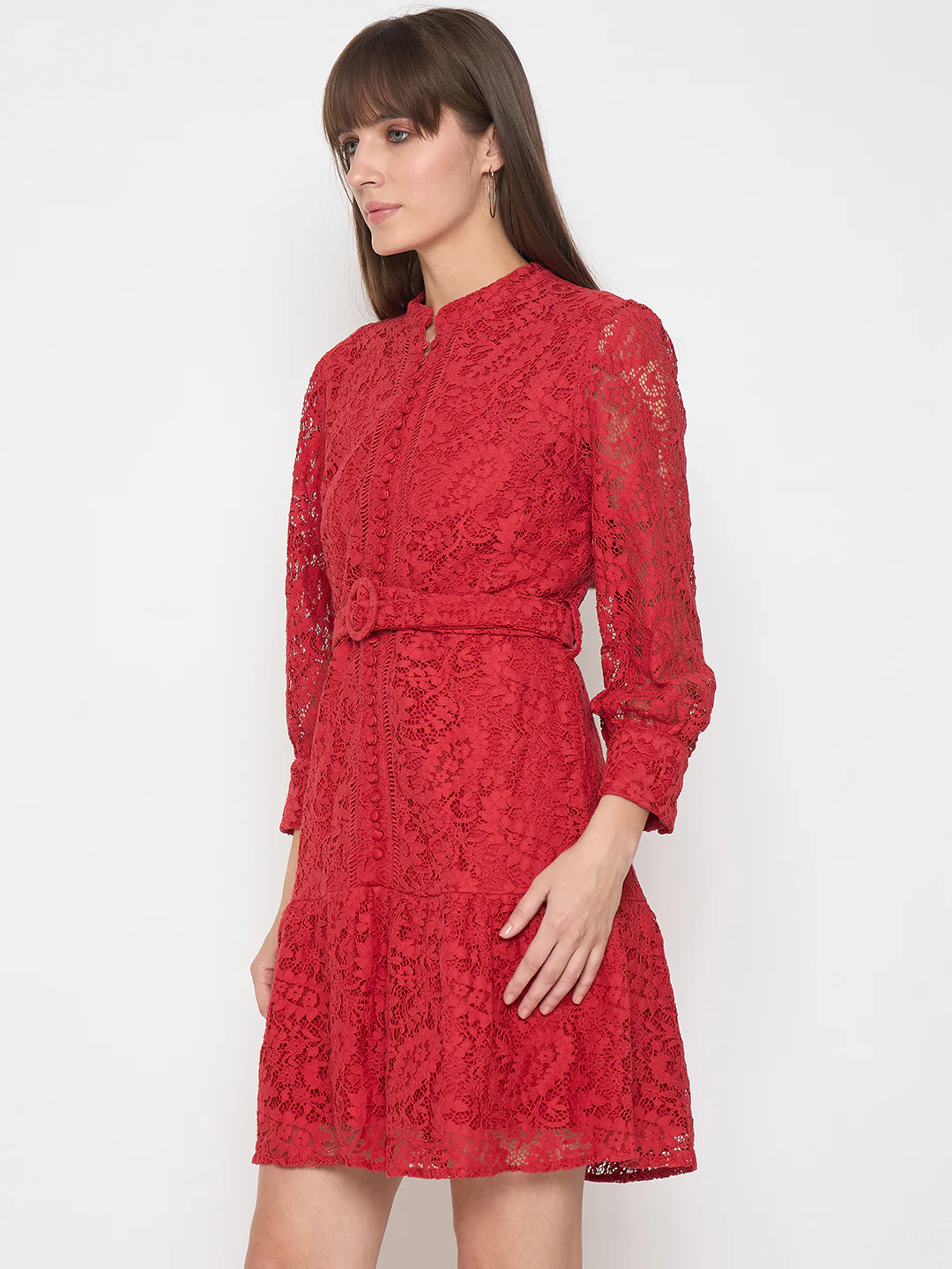 Madame Sheer Embroidered Belted Mini Red Mesh Dress - Image 5