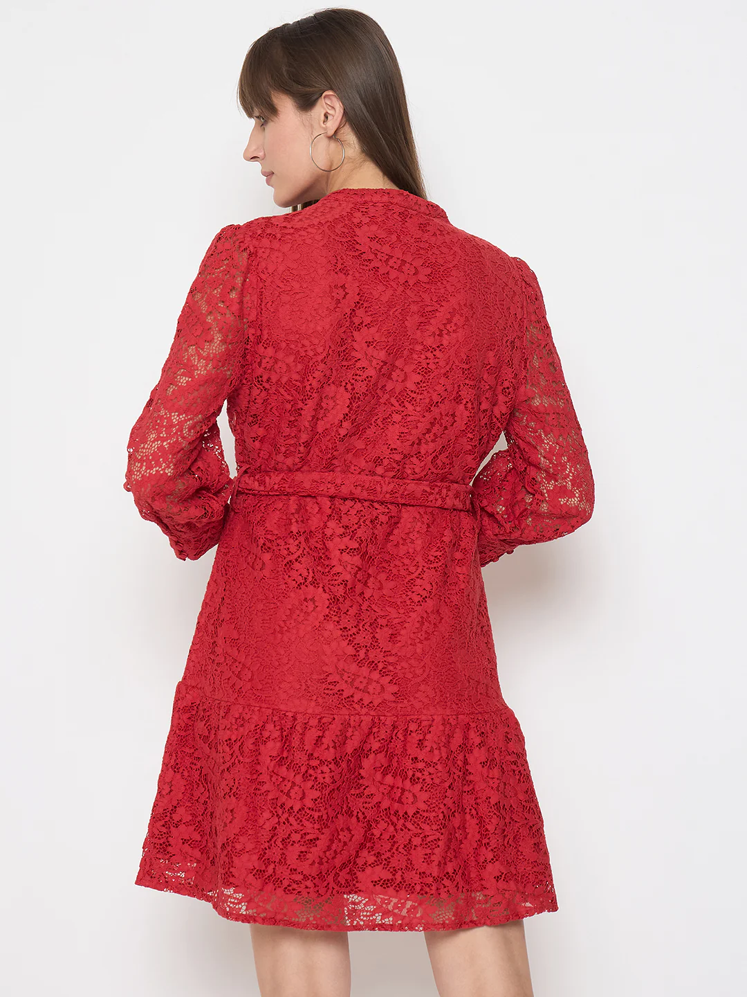 Madame Sheer Embroidered Belted Mini Red Mesh Dress - Image 6