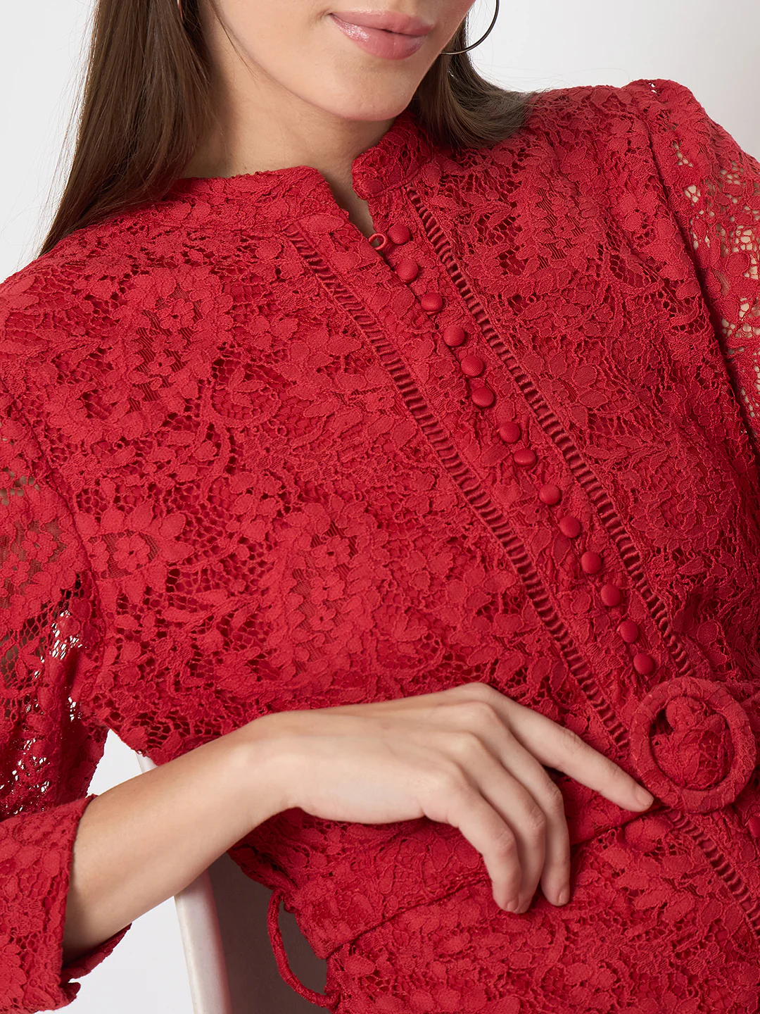 Madame Sheer Embroidered Belted Mini Red Mesh Dress - Image 7