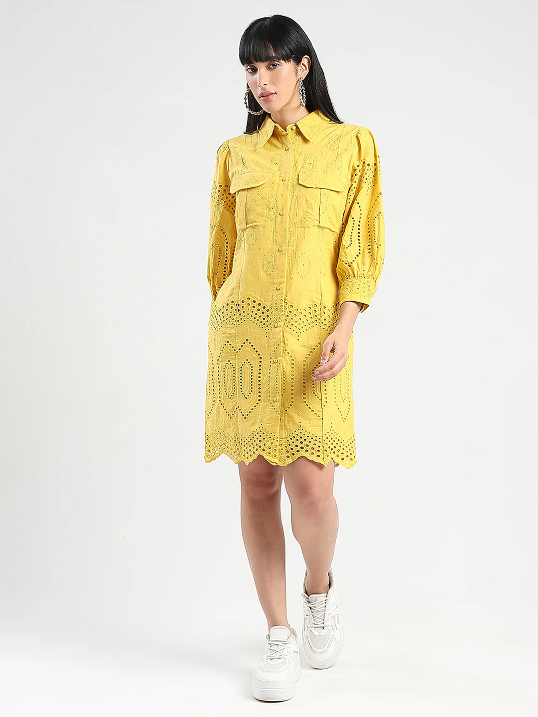 Madame Schiffli Mustard Yellow Midi Shirt Dress - Image 3