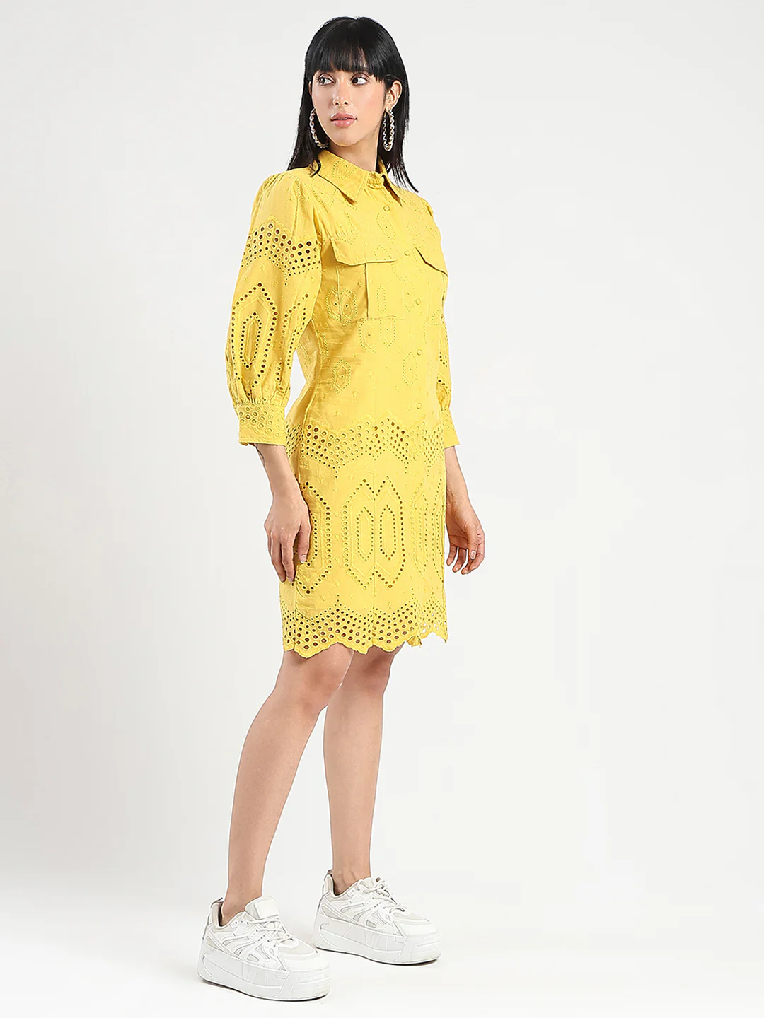 Madame Schiffli Mustard Yellow Midi Shirt Dress - Image 4