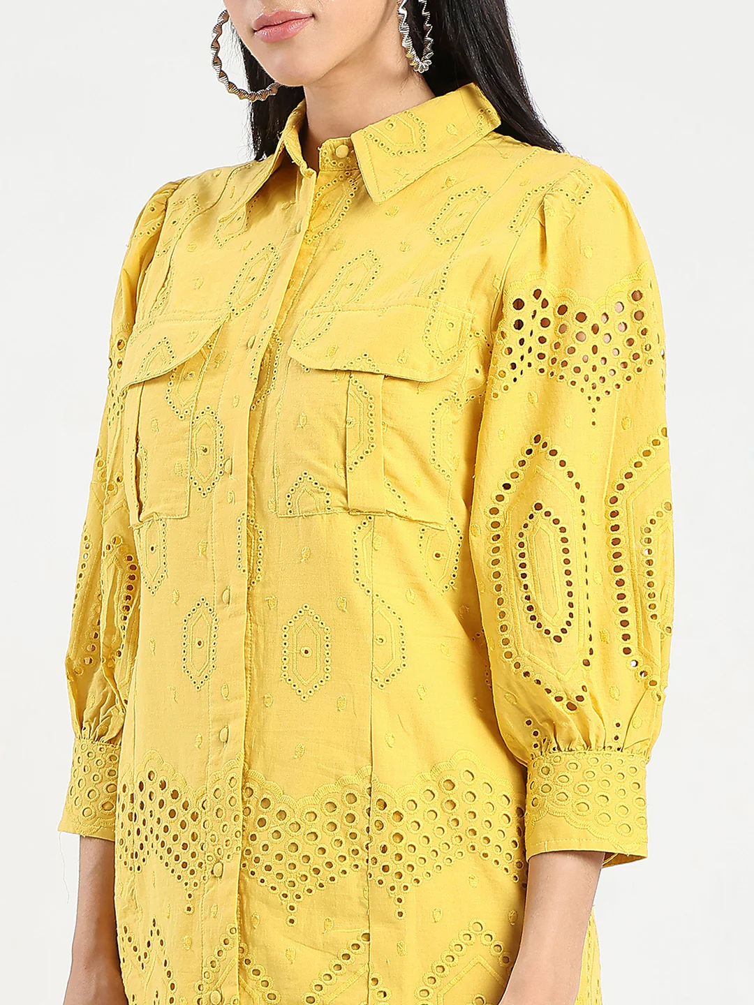 Madame Schiffli Mustard Yellow Midi Shirt Dress - Image 7