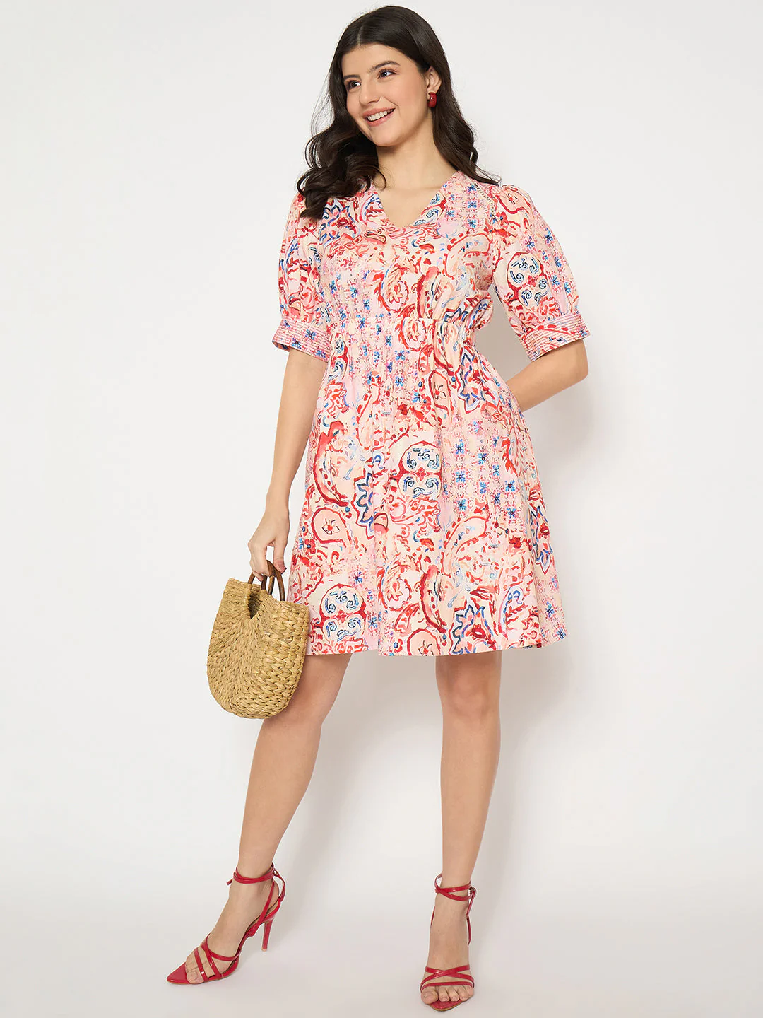 Madame Paisley Print Elasticated Waist Red Cotton Dress - Image 2