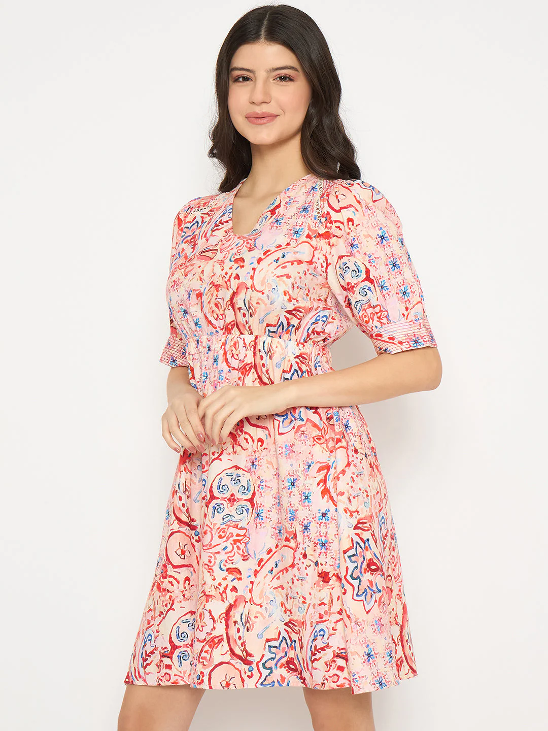 Madame Paisley Print Elasticated Waist Red Cotton Dress - Image 5