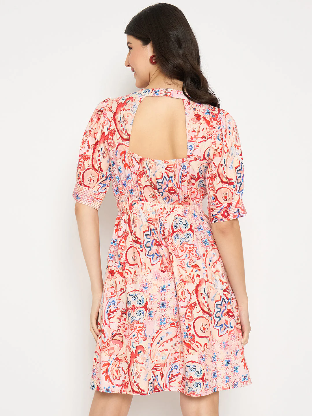 Madame Paisley Print Elasticated Waist Red Cotton Dress - Image 6