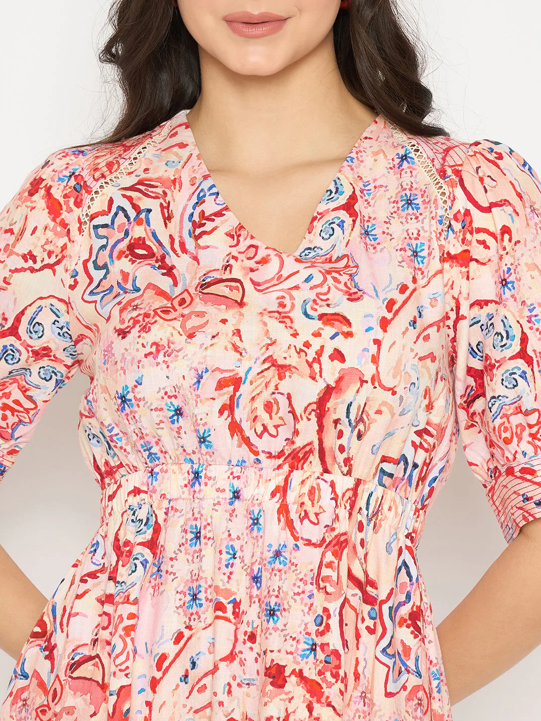Madame Paisley Print Elasticated Waist Red Cotton Dress - Image 7