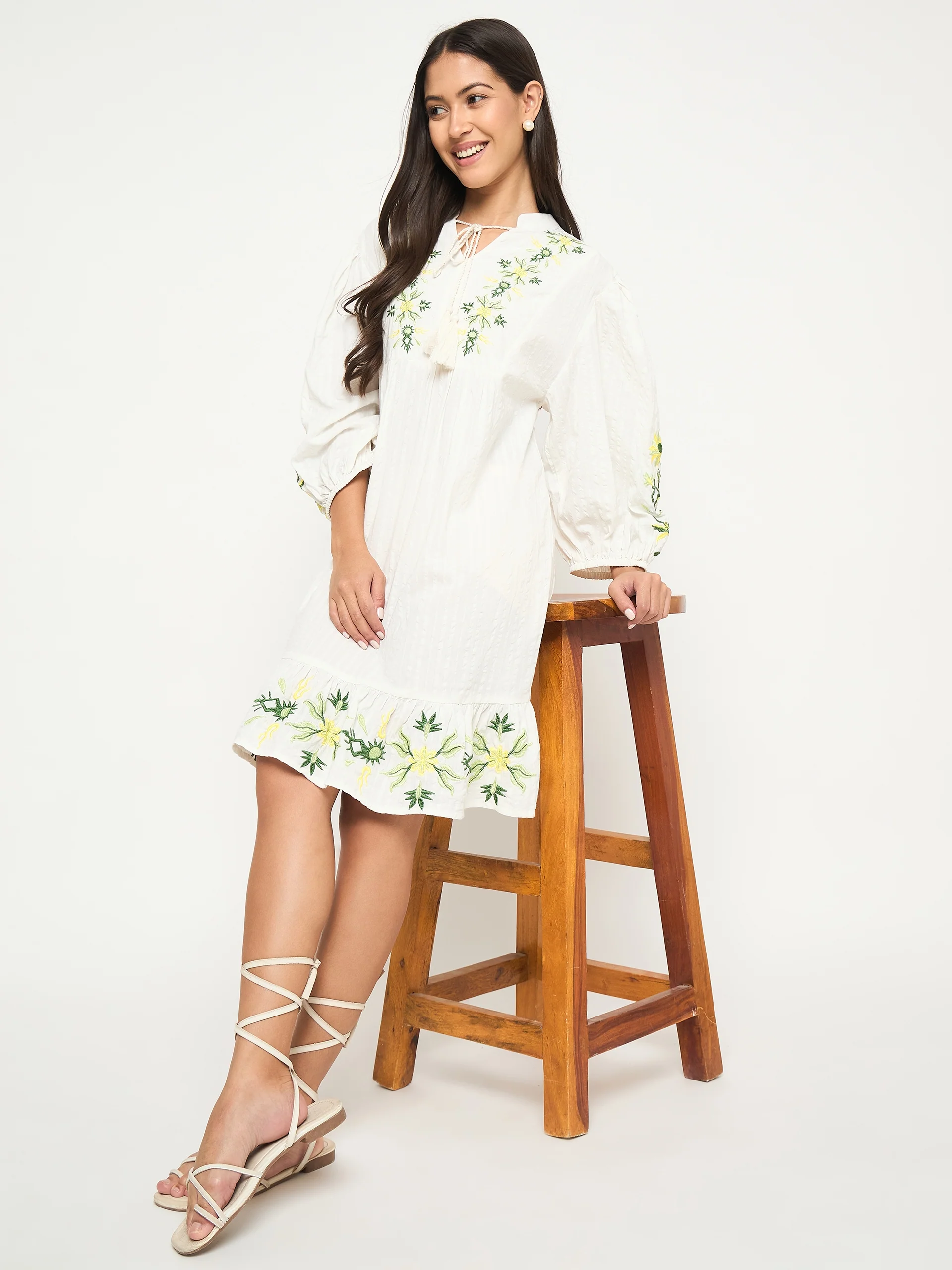 Madame Floral Embroidered Fit and Flare White Mini Dress - Image 2