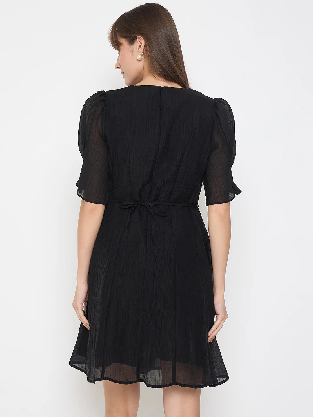 Madame Textured Belted Black Mini A Line Dress - Image 6