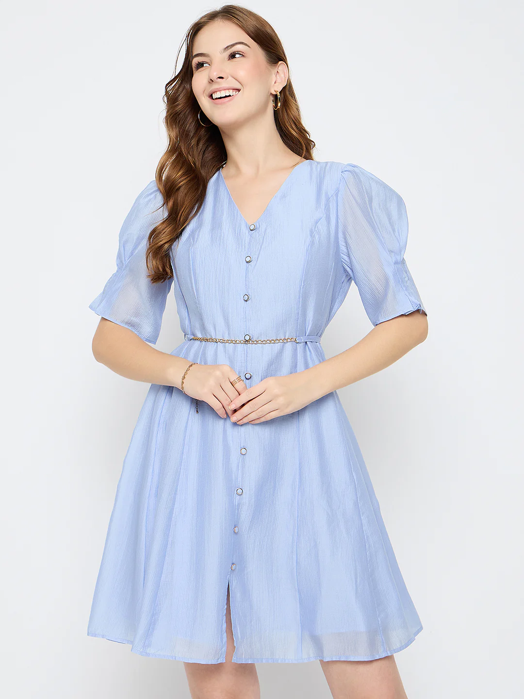 Madame Textured Belted Blue Mini A Line Dress - Image 3