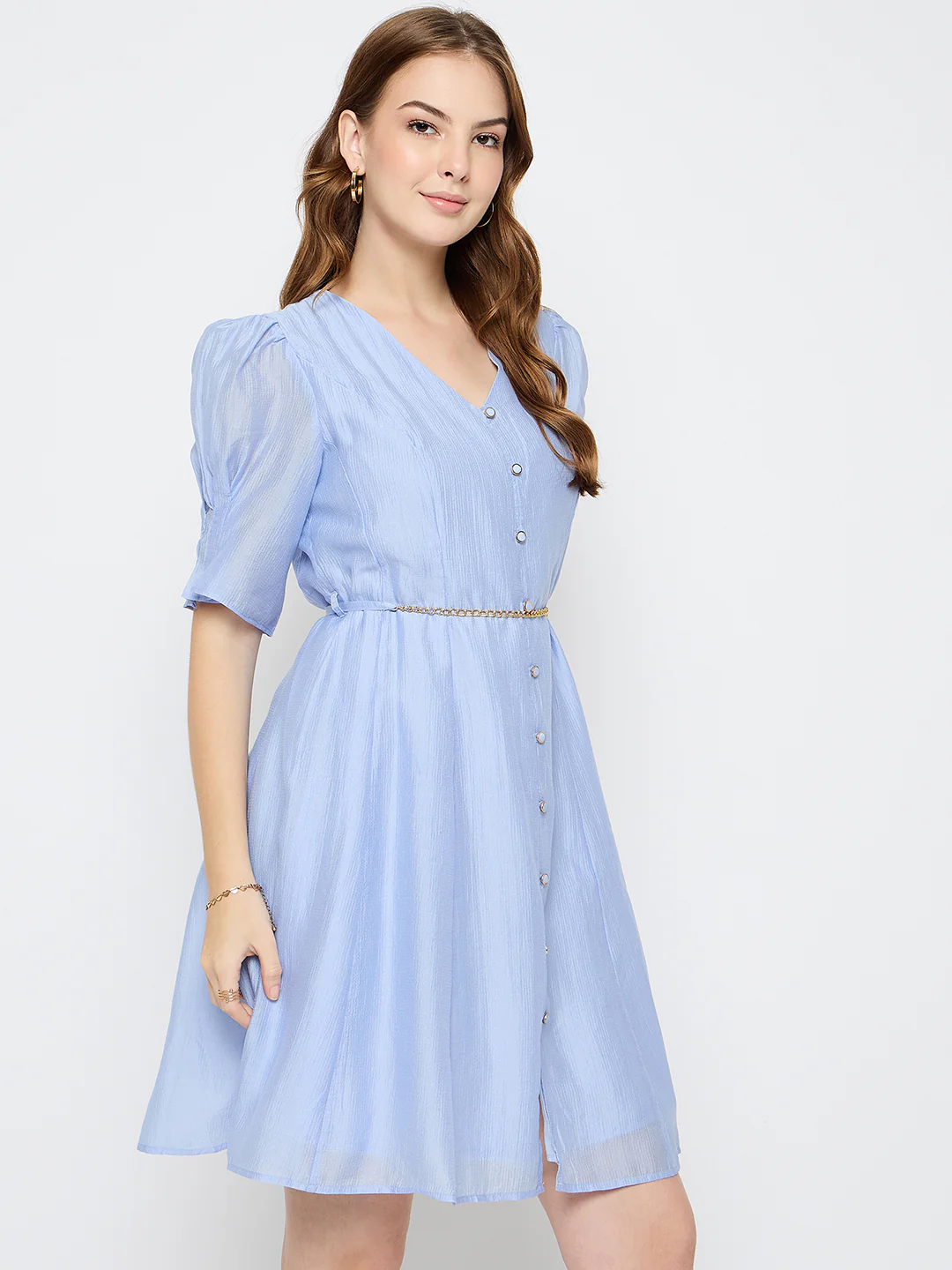 Madame Textured Belted Blue Mini A Line Dress - Image 4