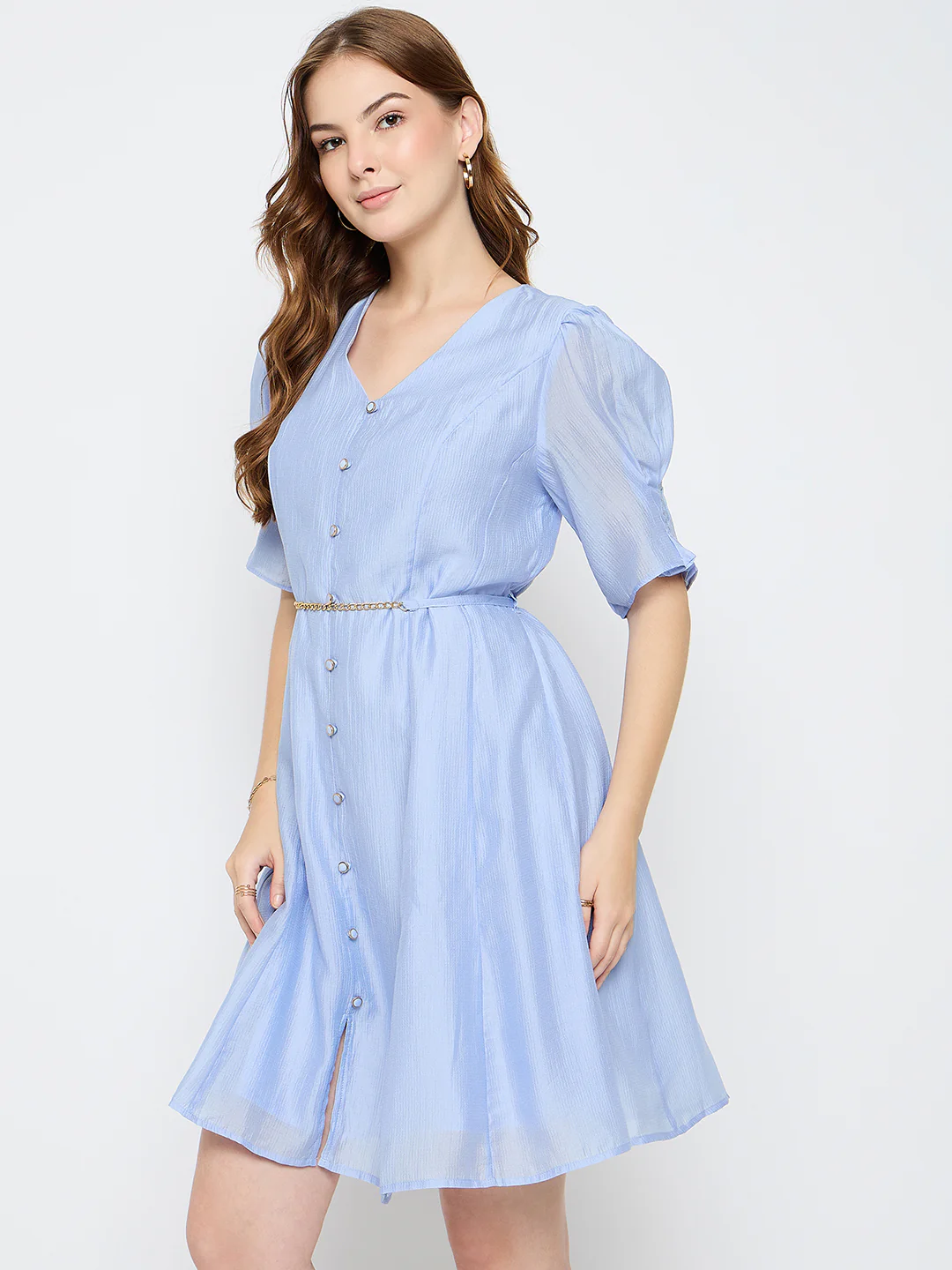 Madame Textured Belted Blue Mini A Line Dress - Image 5