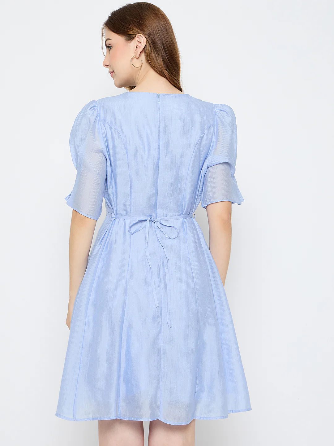 Madame Textured Belted Blue Mini A Line Dress - Image 6