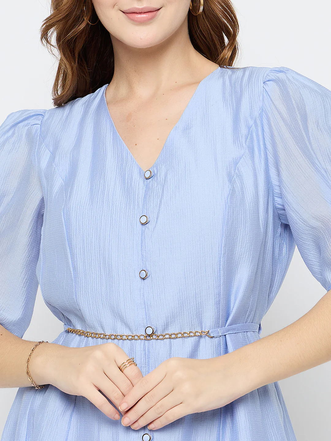Madame Textured Belted Blue Mini A Line Dress - Image 7