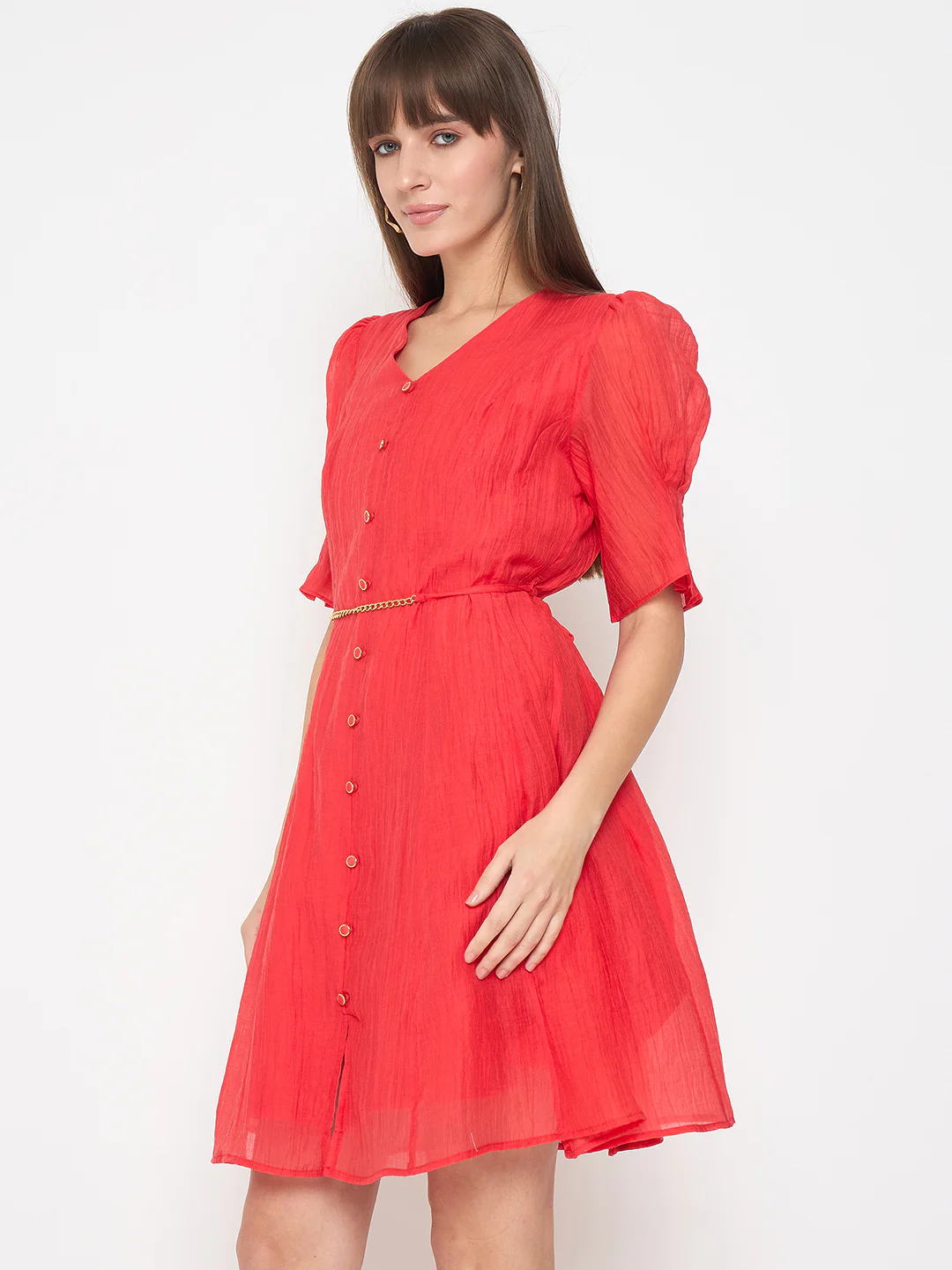 Madame Textured Belted Red Mini A Line Dress - Image 5