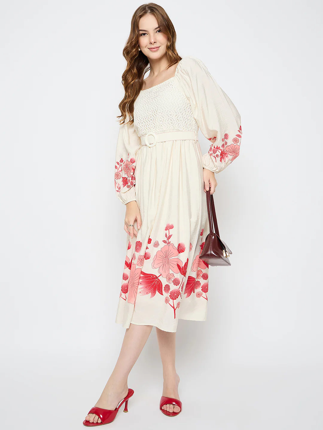 Madame Floral Print Belted Beige Rayon Midi Dress - Image 2