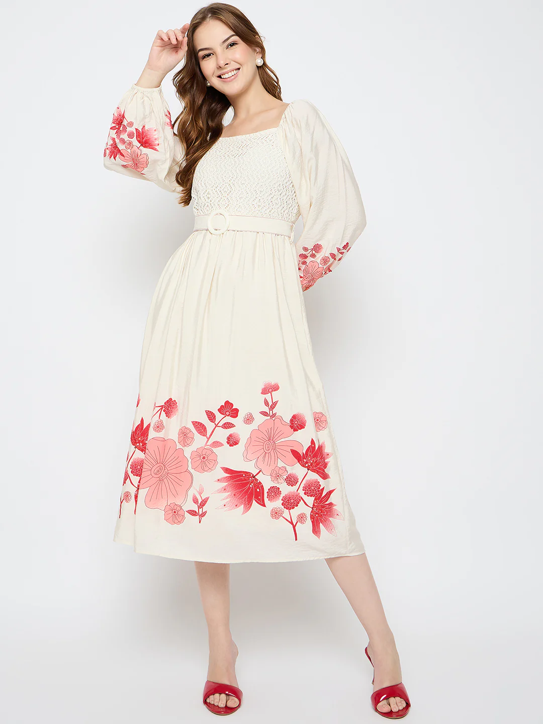 Madame Floral Print Belted Beige Rayon Midi Dress - Image 3