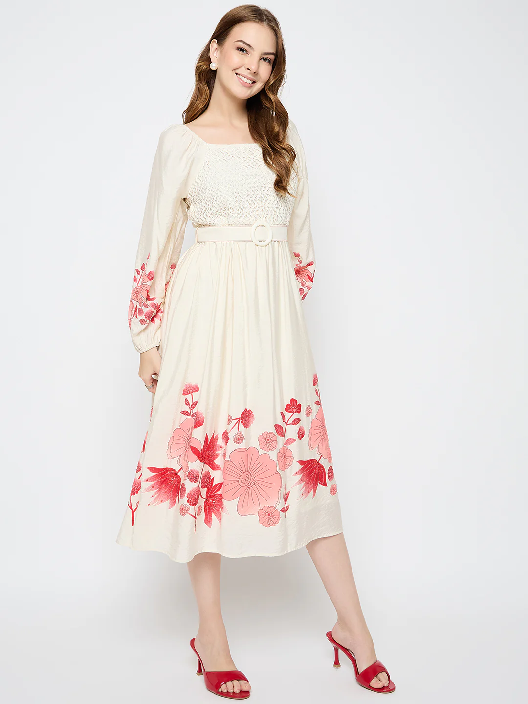 Madame Floral Print Belted Beige Rayon Midi Dress - Image 4