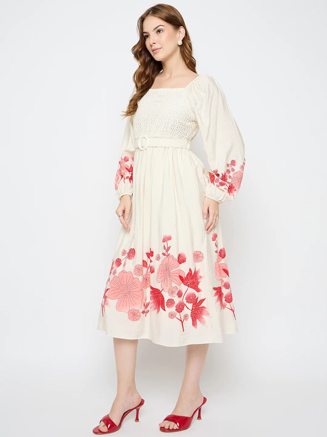 Madame Floral Print Belted Beige Rayon Midi Dress - Image 5