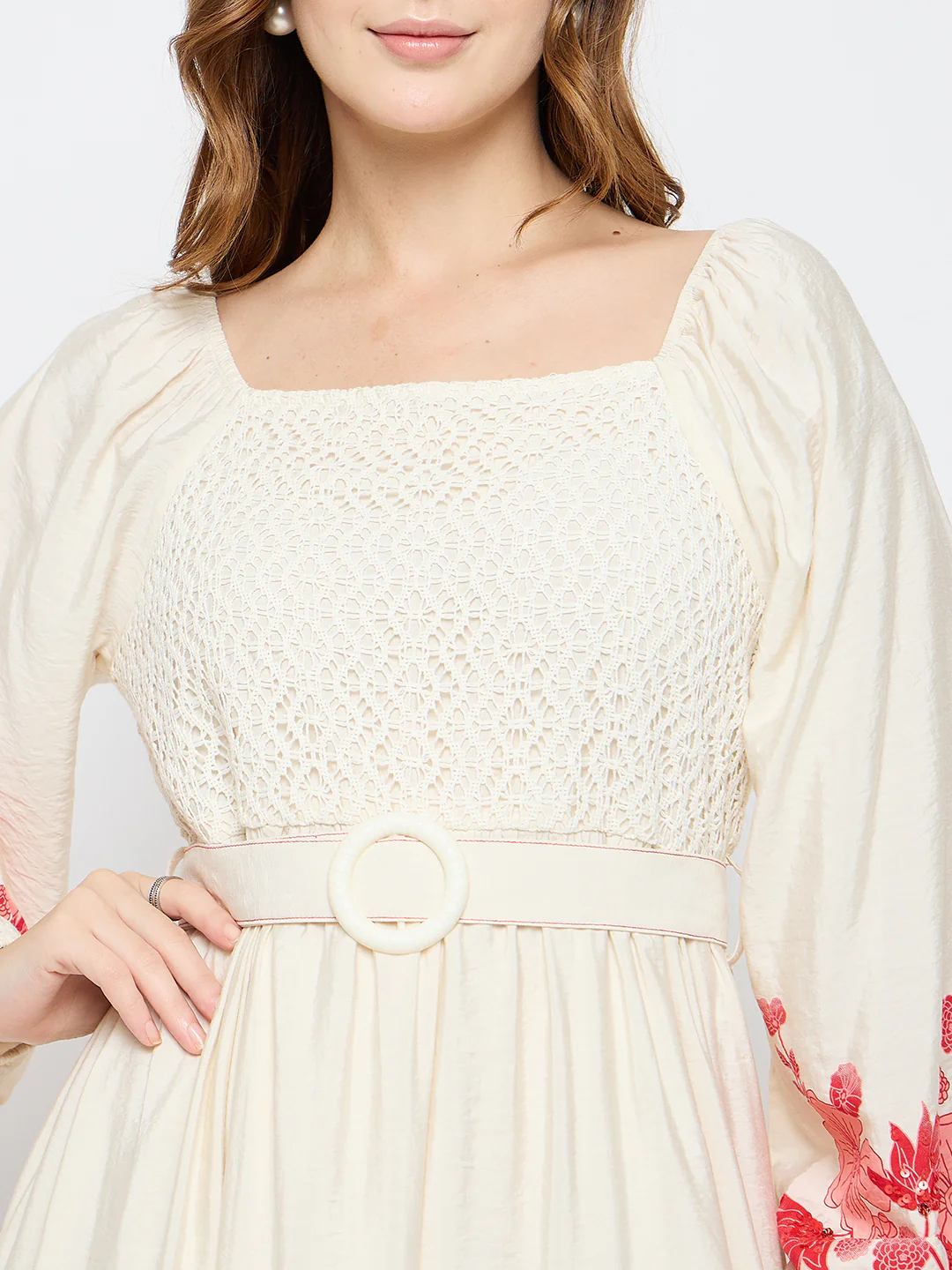 Madame Floral Print Belted Beige Rayon Midi Dress - Image 7