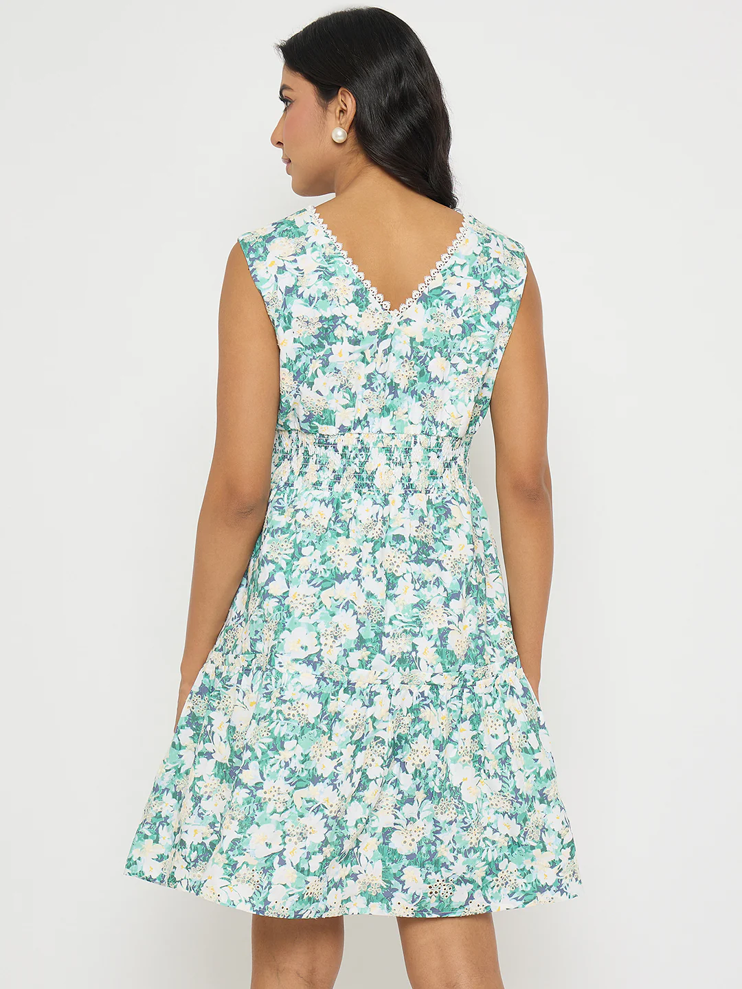 Madame Floral Print Smocked White Fit and Flare Mini Dress - Image 6