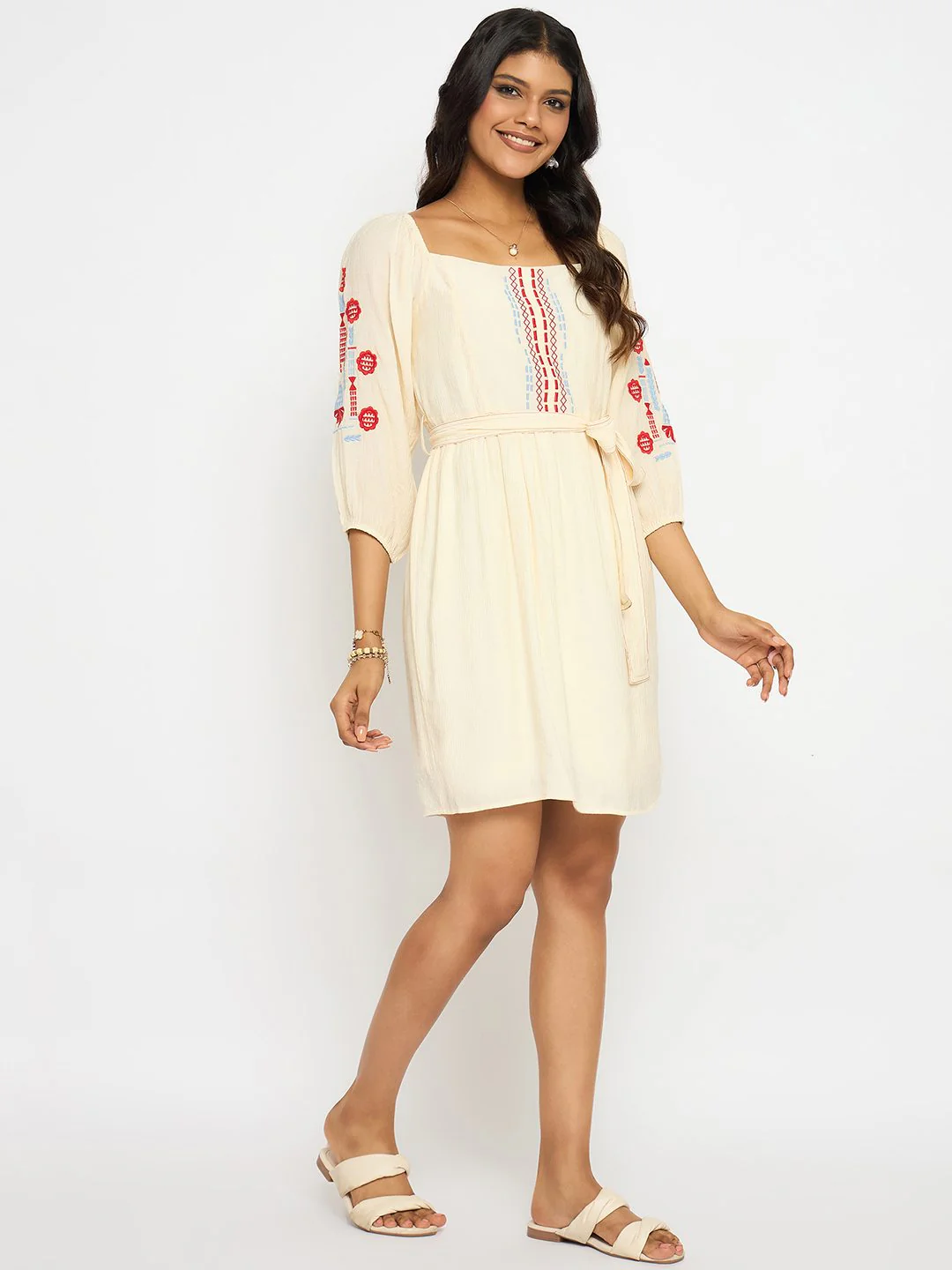 Madame Embroidered Ivory Belted Mini Dress - Image 4