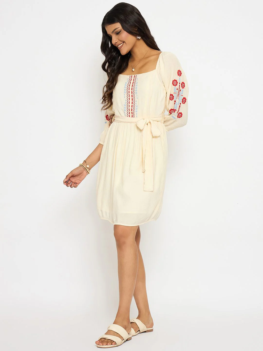 Madame Embroidered Ivory Belted Mini Dress - Image 5