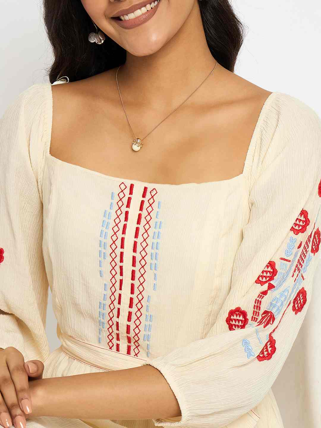 Madame Embroidered Ivory Belted Mini Dress - Image 7