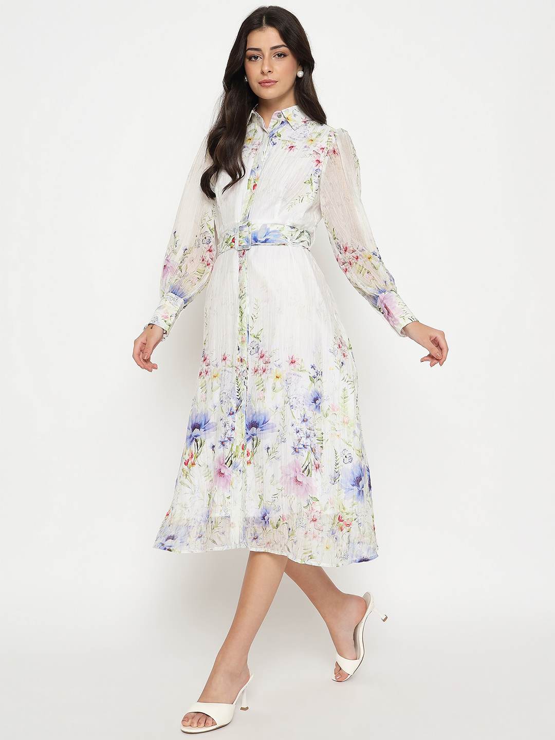 Madame Floral Print Belted White Shirt Dress - Image 2