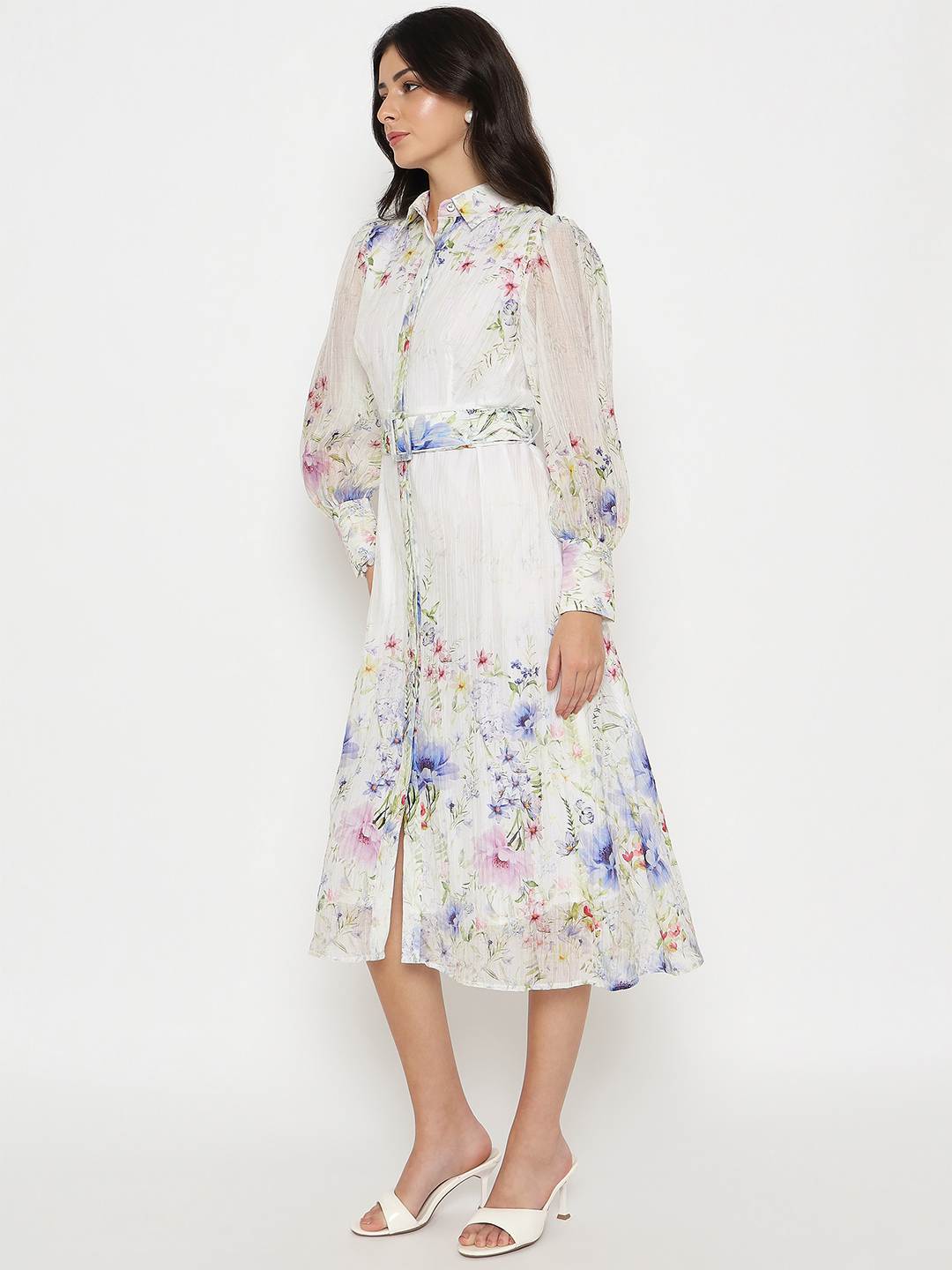 Madame Floral Print Belted White Shirt Dress - Image 6
