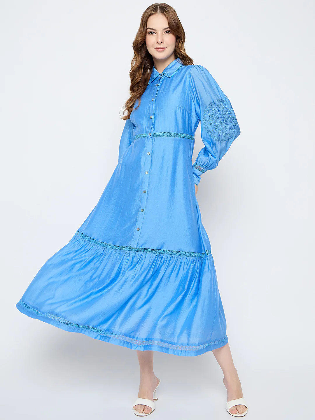 Madame Tiered Cornflower Blue Shirt Dress - Image 3