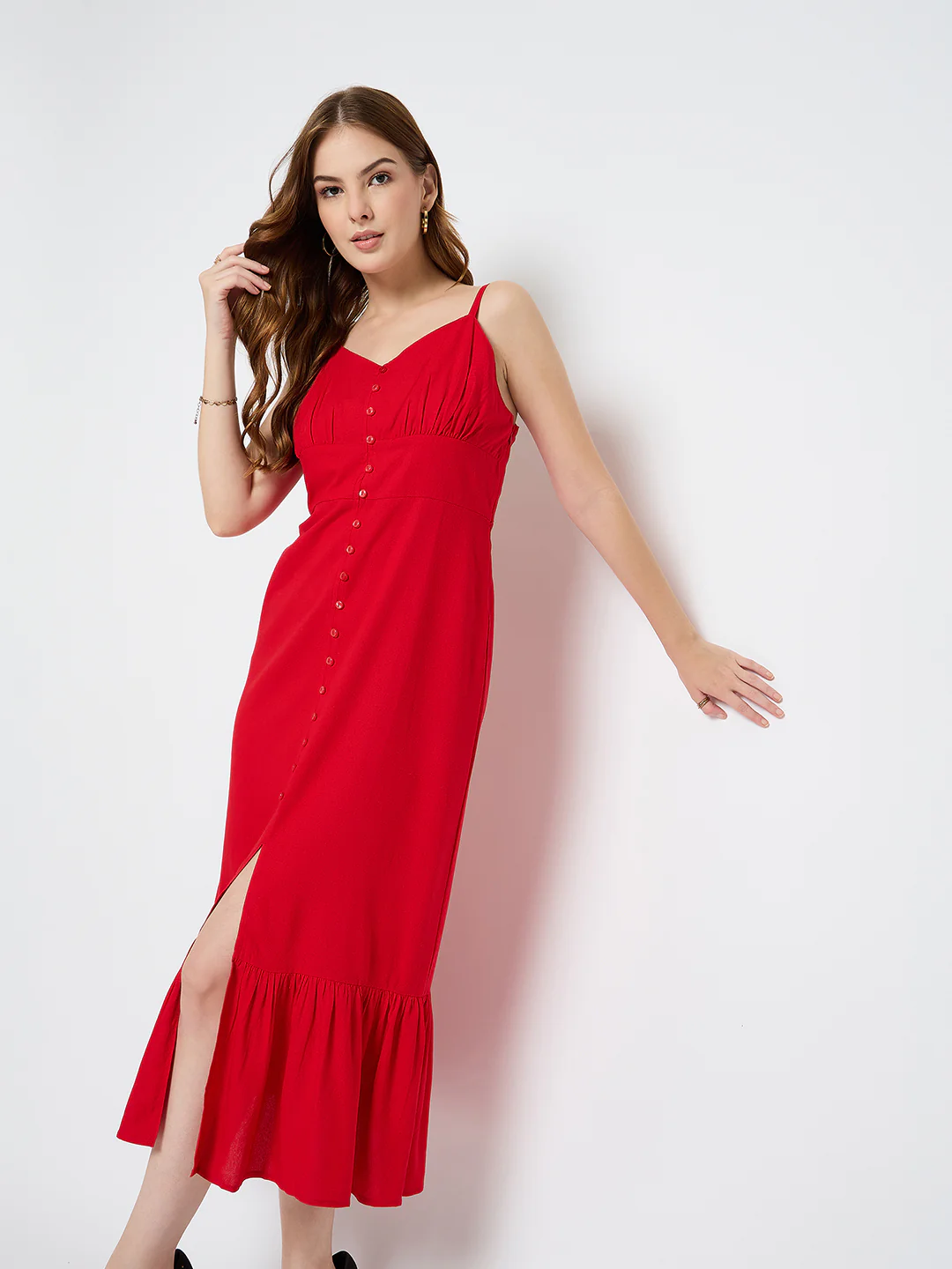 Madame Sleeveless Tiered Red Maxi Rayon Dress