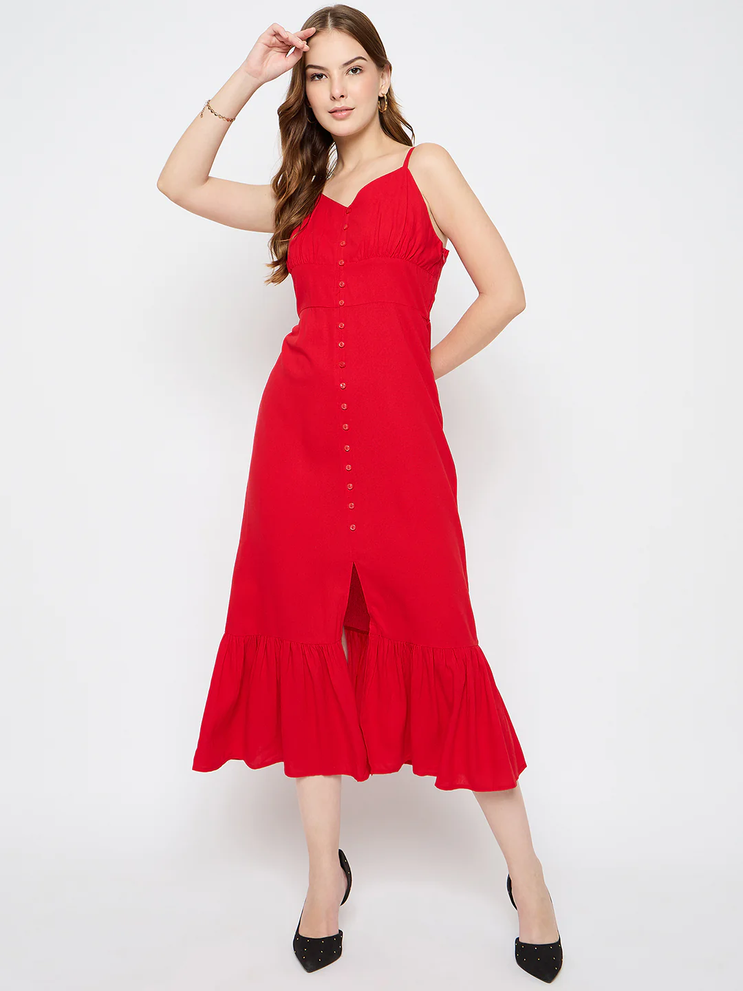 Madame Sleeveless Tiered Red Maxi Rayon Dress - Image 3