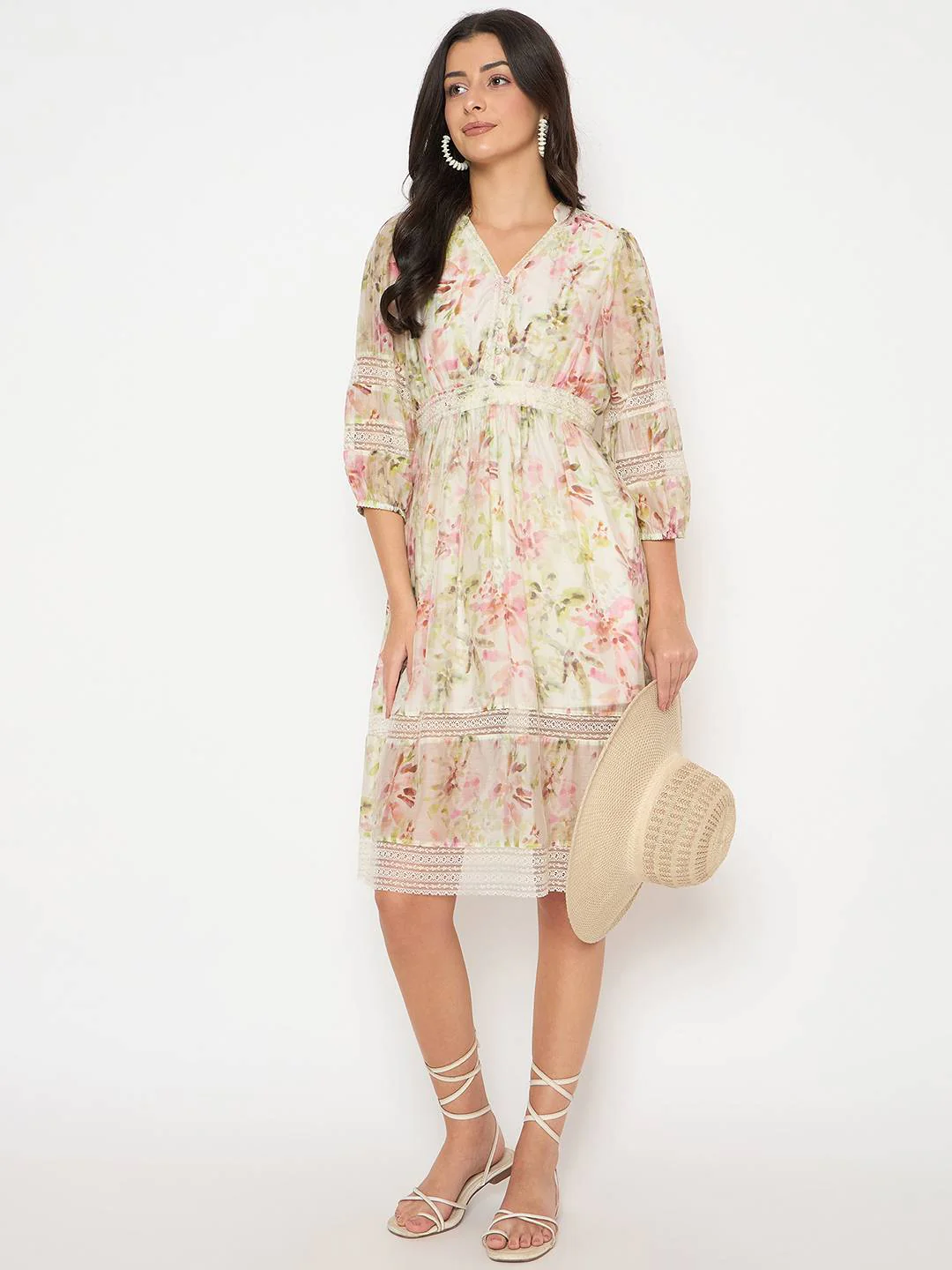 Madame Floral Print Laced Off White Mini Dress - Image 2