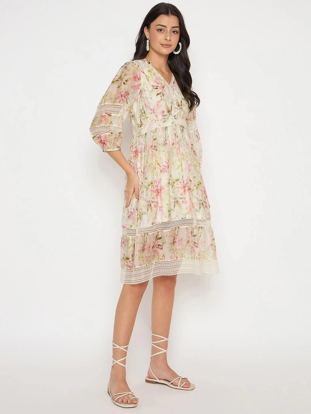 Madame Floral Print Laced Off White Mini Dress - Image 5