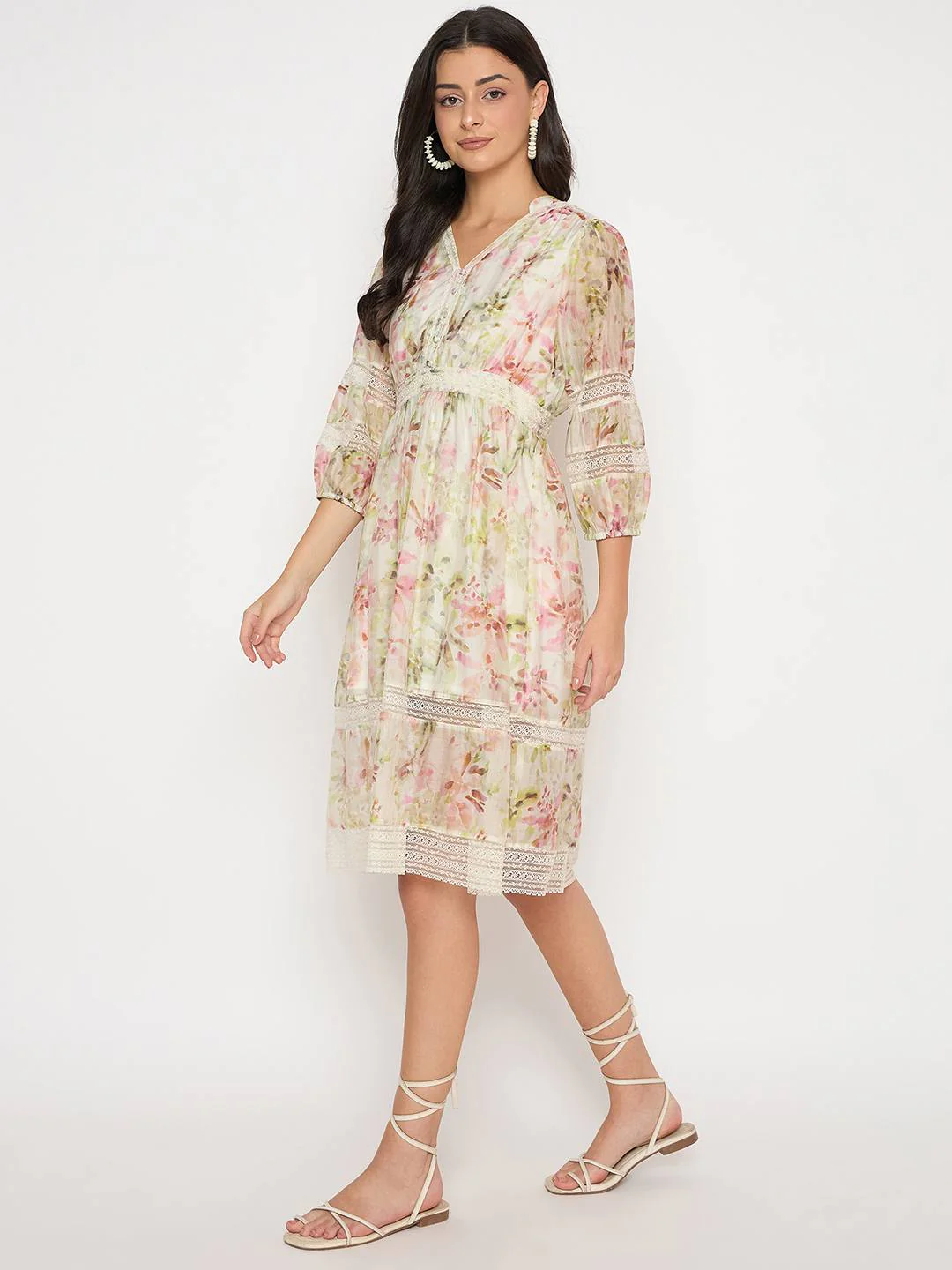 Madame Floral Print Laced Off White Mini Dress - Image 6