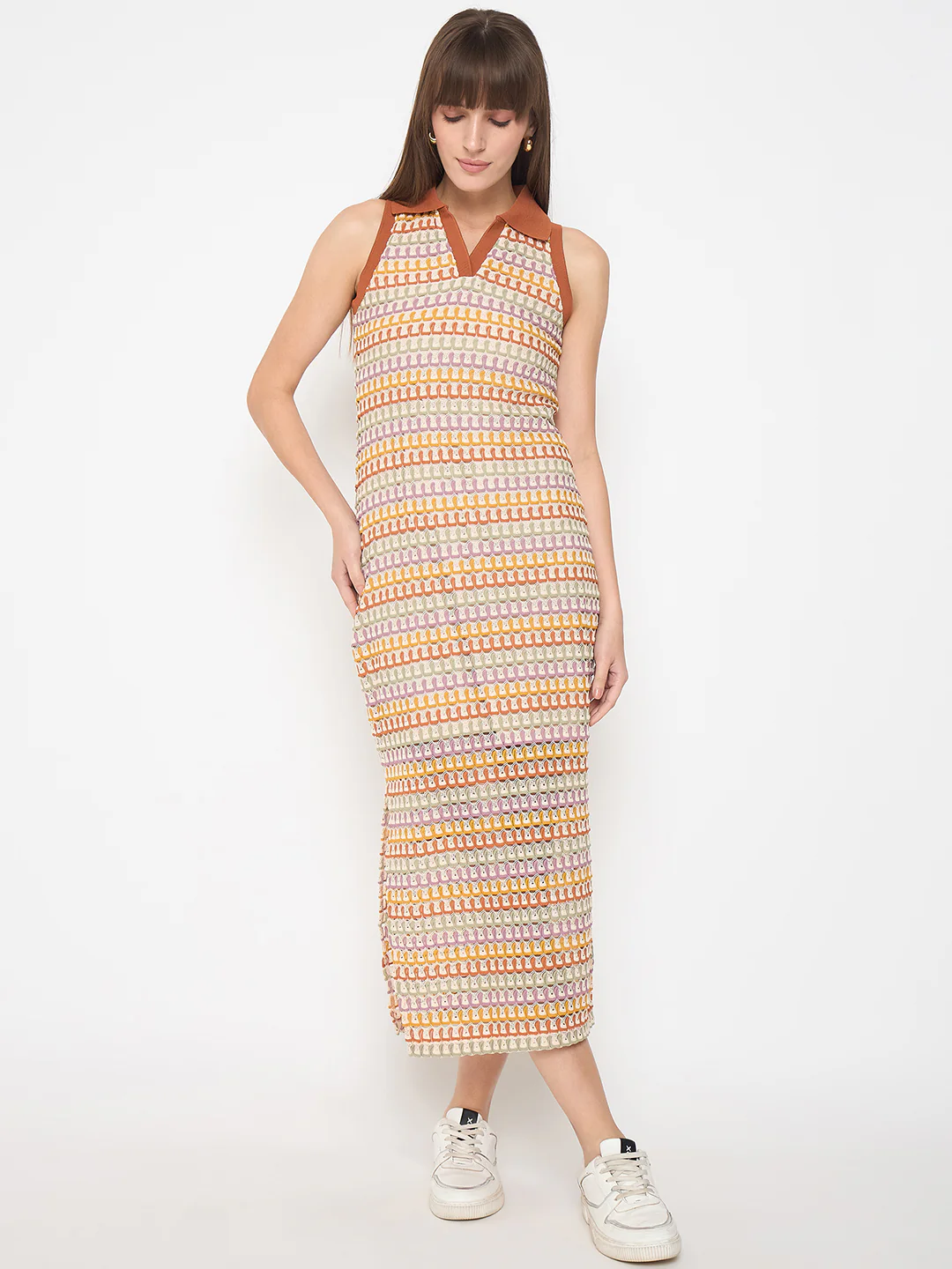 Madame Crochet Striped Side Slit Brown Bodycon Dress - Image 3