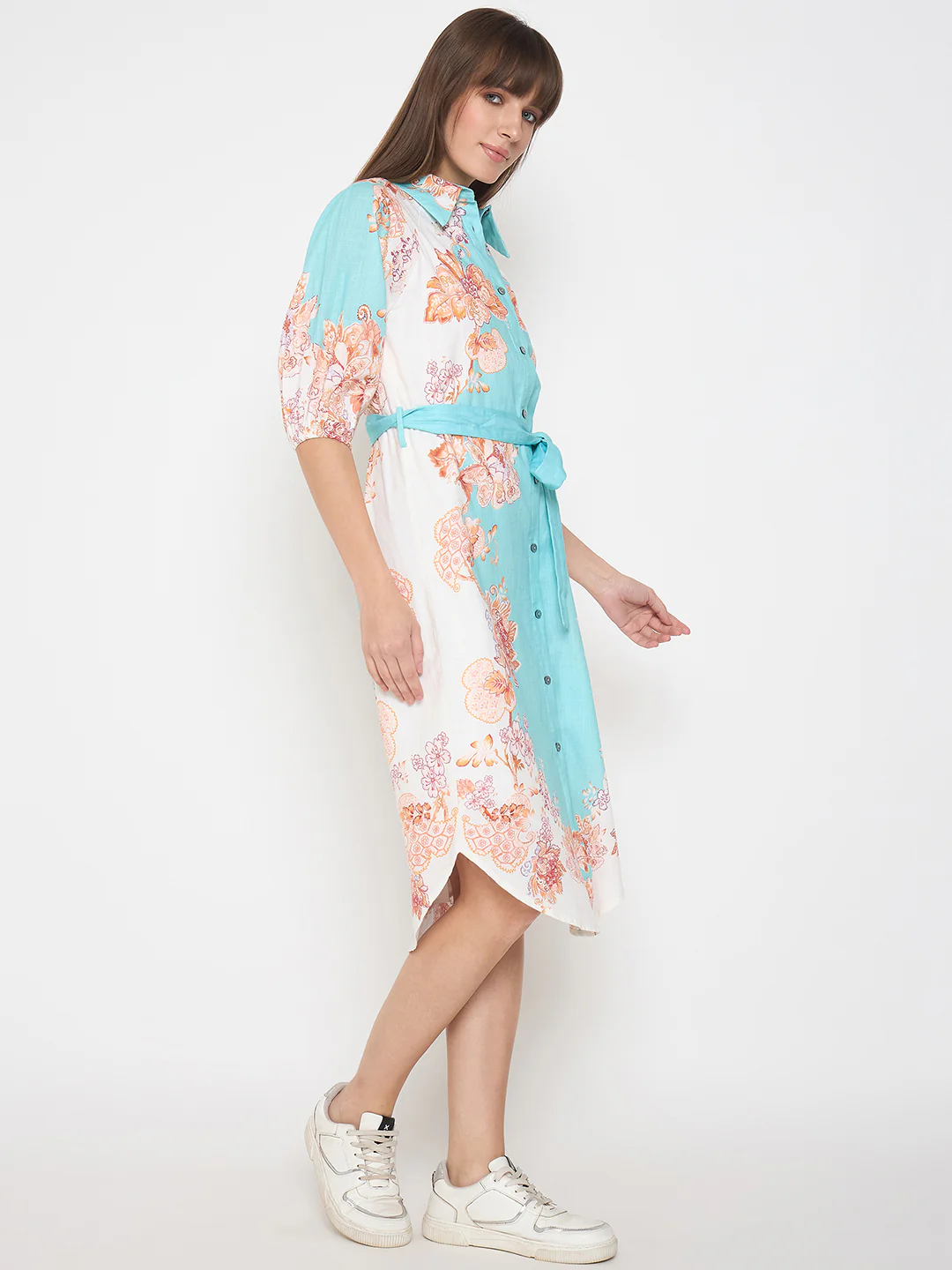 Madame Blue Colorblock Floral Cotton Midi Shirt Dress - Image 2