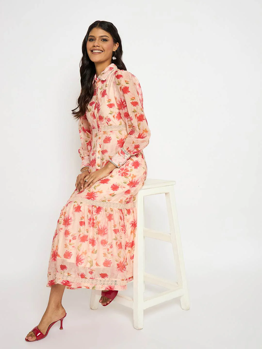 Madame Floral Print Tiered Peach Maxi Shirt Dress - Image 2